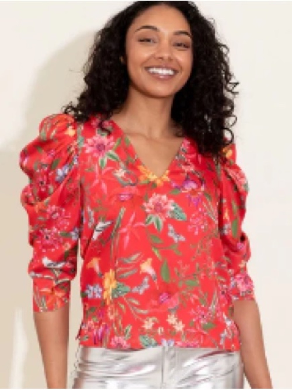 Alden Adair Red Floral Puff-Sleeve V-Neck Blouse